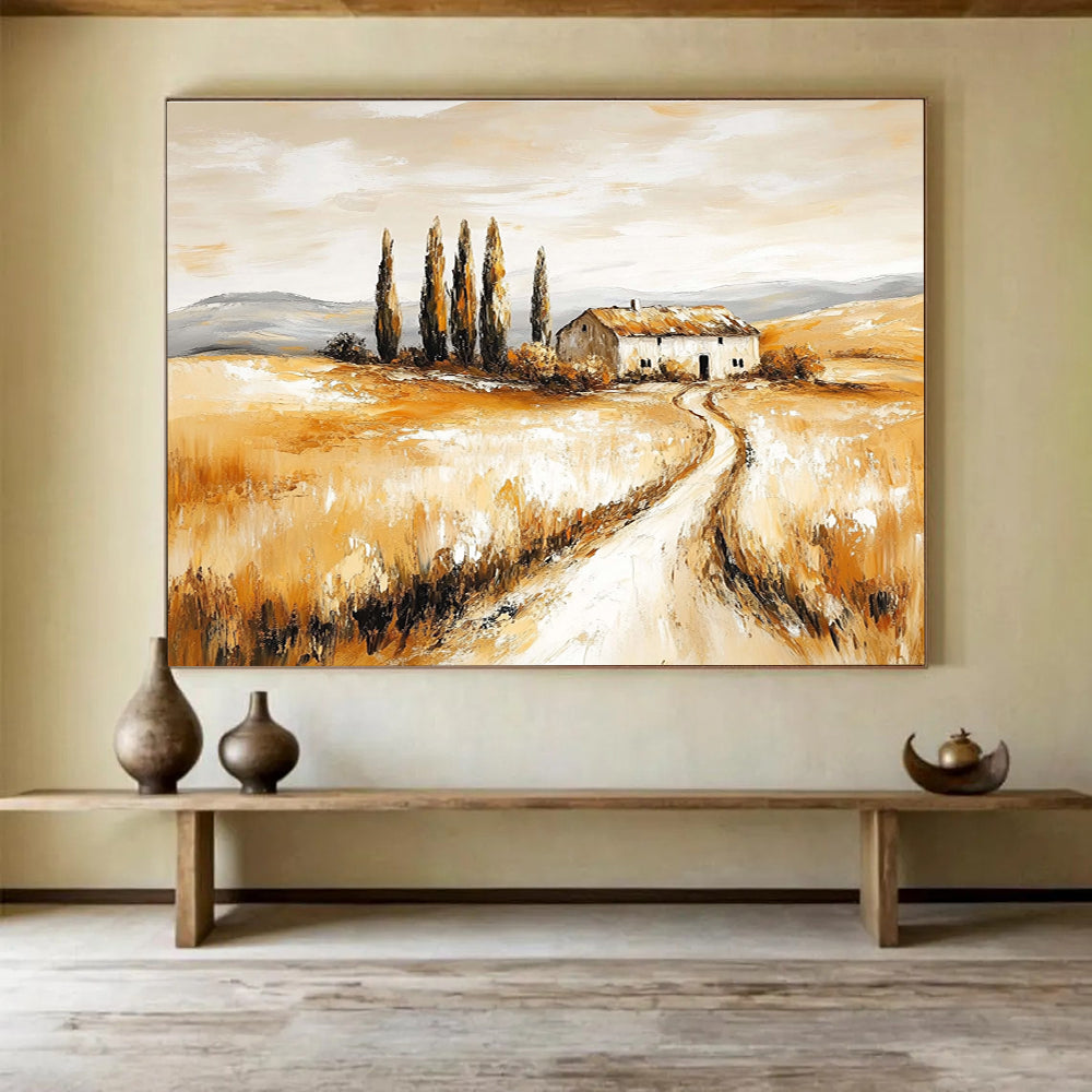 Hand-painted abstract artwork of a rustic farmhouse amidst golden fields and cypress trees evoking nostalgia and tranquility in nature's beauty.SC543