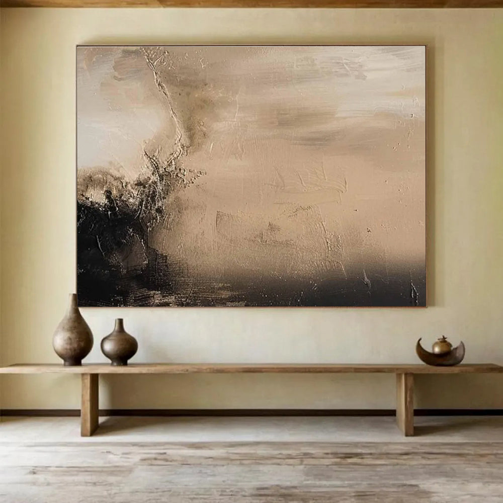 Beige Black Abstract Painting with Subtle, Contrasting Textures THY394