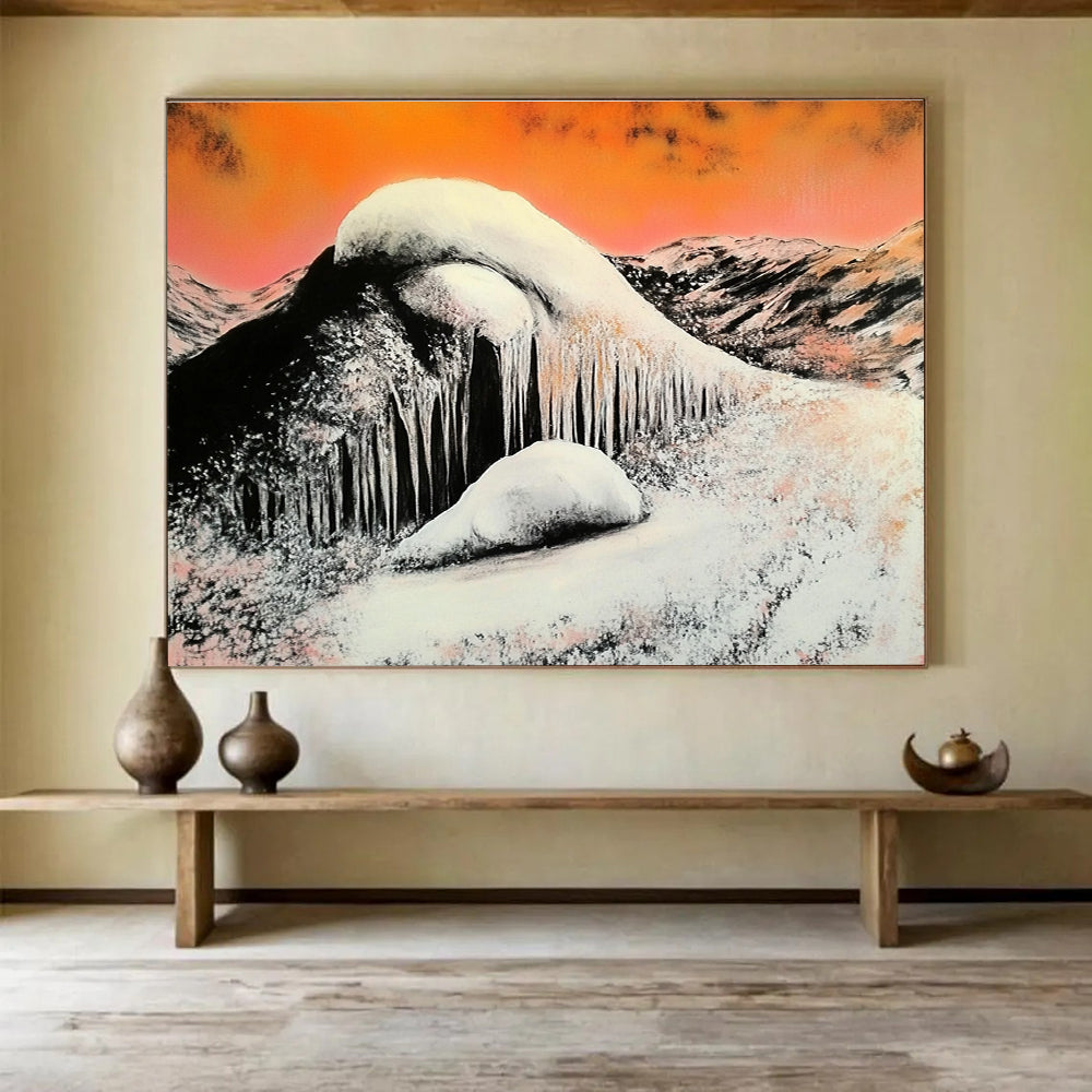 Orange Sky Snowy Mountain Abstract Painting with Icicles DYP160