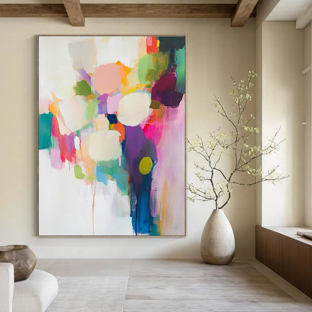 Large abstract painting featuring vibrant brush strokes on a white background with soft colors and dynamic composition in light pink turquoise blue and lime green.STSC761