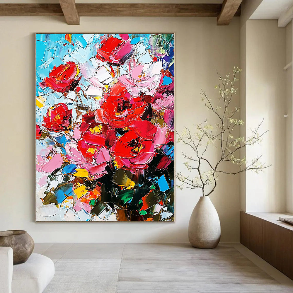 Large abstract painting featuring red roses with a palette knife technique showcasing high-contrast pink and blue hues on canvas.STSC927