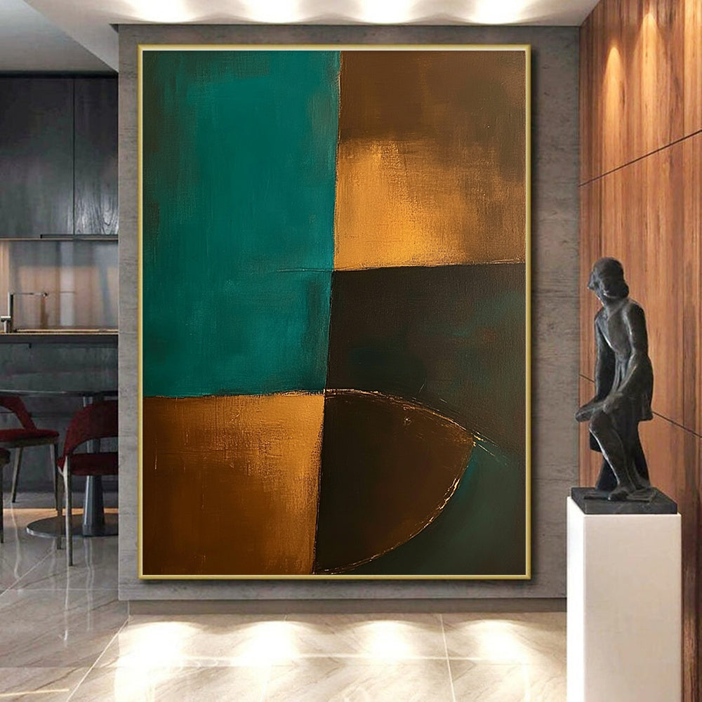 Teal Gold Abstract Painting with Geometric Forms GER707