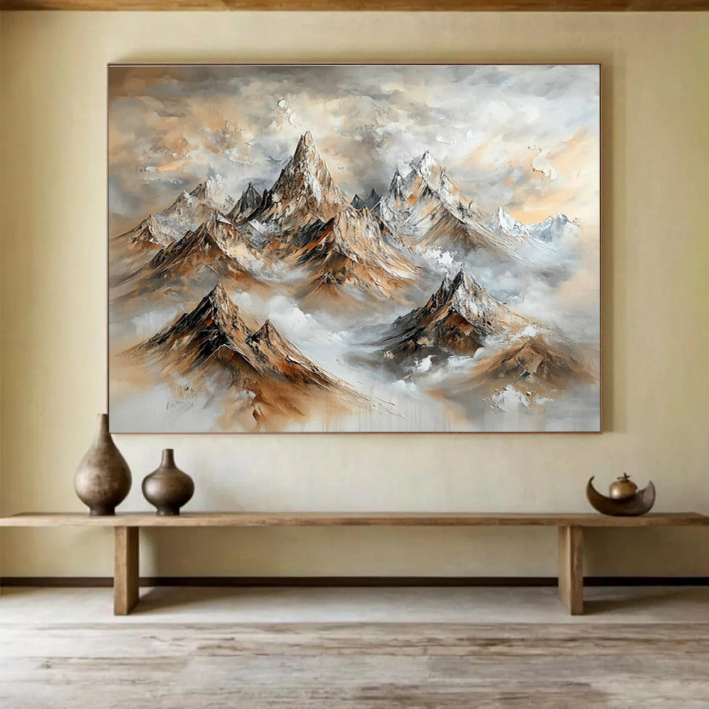 A large abstract painting featuring majestic mountains in brown and gray with swirling clouds and snow-capped peaks, creating a stunning impressionistic effect.SC486