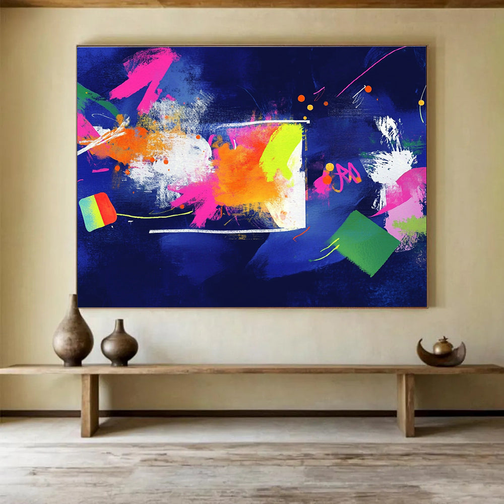 A large abstract art piece featuring bold colors and geometric shapes, creating an energetic atmosphere that inspires knowledge and creativity.SC460