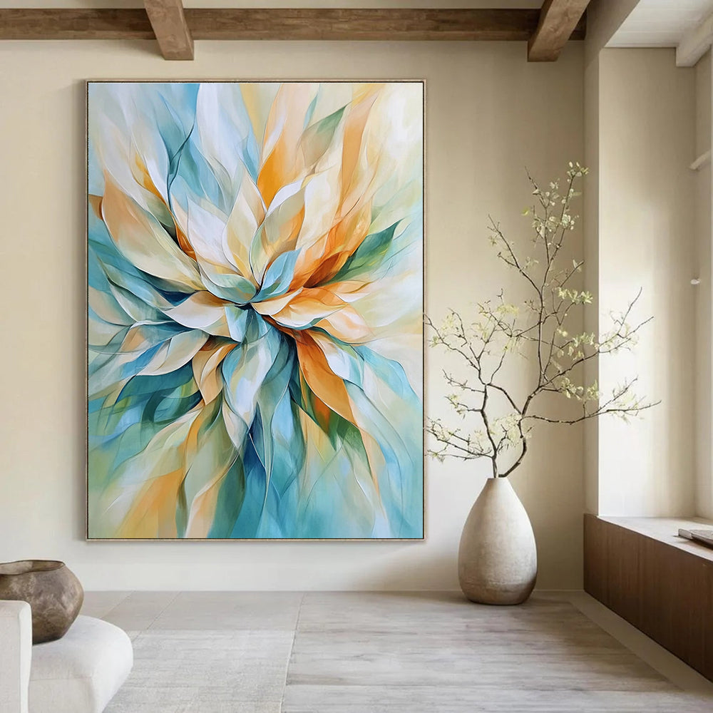 Abstract painting of a flower in light blue and beige with soft lines and pastel tones featuring accents of orange and green for depth.STSC670