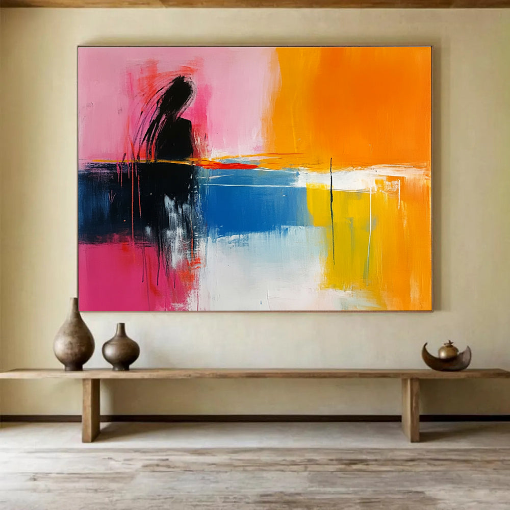 Large abstract painting featuring pink yellow orange and blue tones with a calm sea and sunset in a minimalist style.SC250
