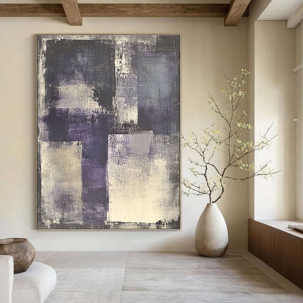 Large abstract painting of gray and purple with white accents featuring a vintage urban landscape and a central figure wearing headphones.STSC682