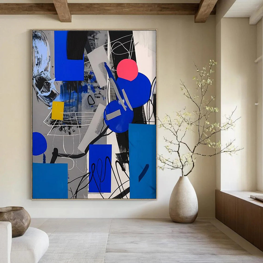 Geometric Color Fusion Abstract Painting with Blue, Gray, and Yellow ADGE110