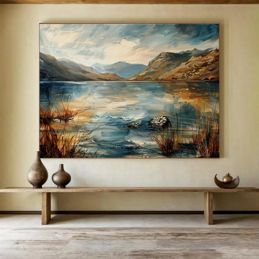 Lake Mountain Abstract Painting with Dynamic, Reflective Beauty THY403