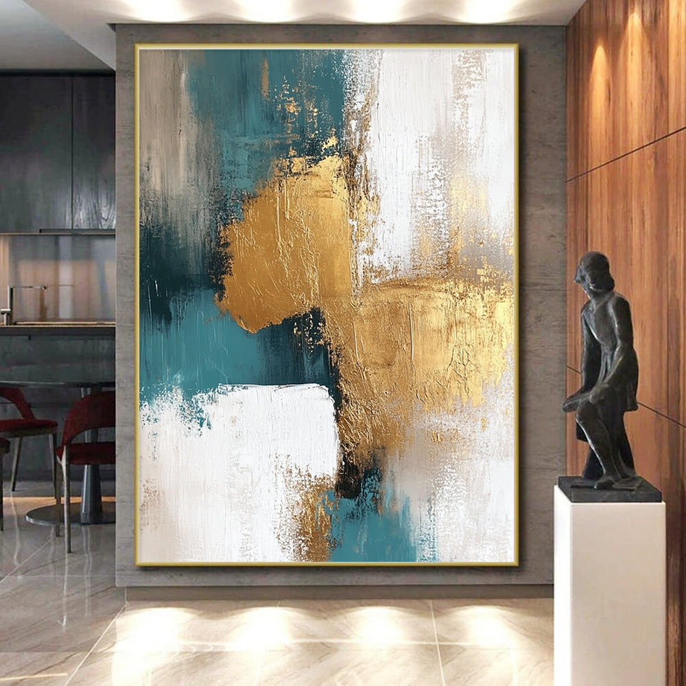 Teal Gold and White Abstract Painting with Artistic Textures GER677