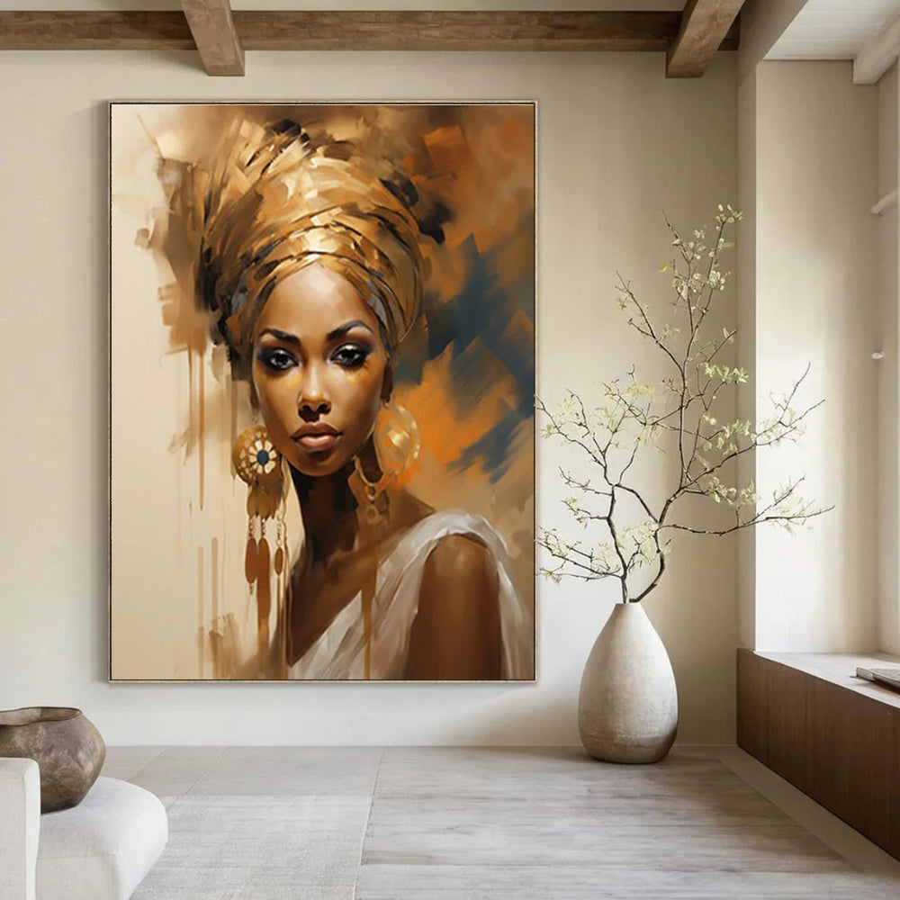 Golden - Hued Portrait with Ornate Details Abstract Painting ADGE125