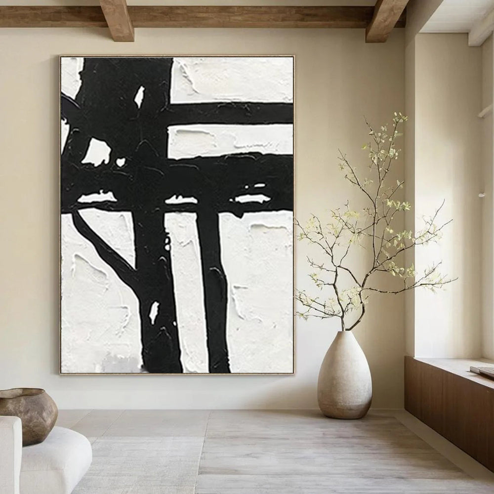 Bold Black and White Abstract Painting with Strong Forms ADGE148