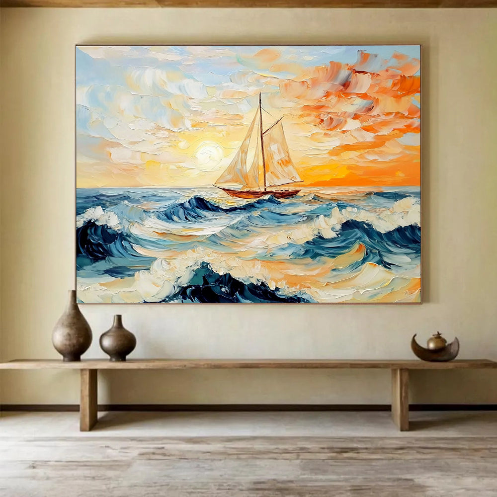 An abstract painting of the sea features an old sailboat at sunset with vibrant orange and blue hues and dynamic waves, inviting oceanic tranquility.SC419