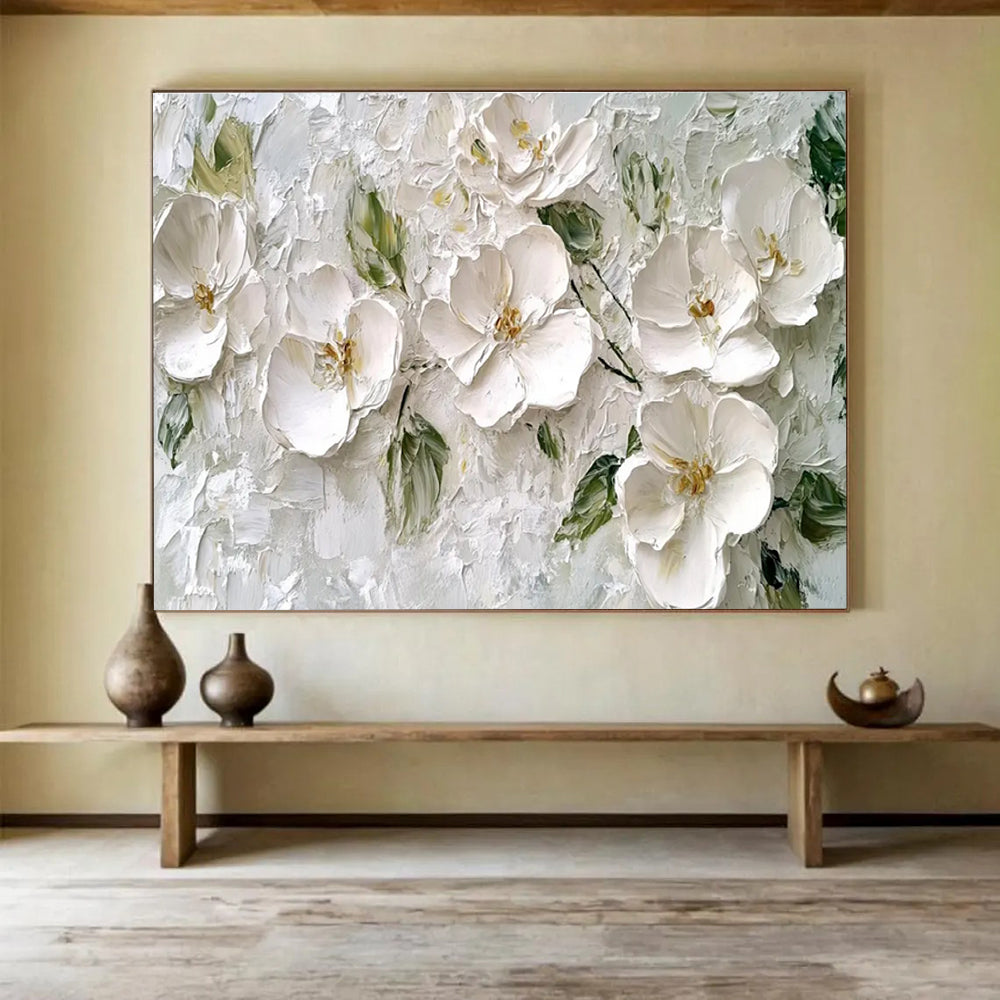 White Floral Texture Abstract Painting with Subtle Green Accents THY304