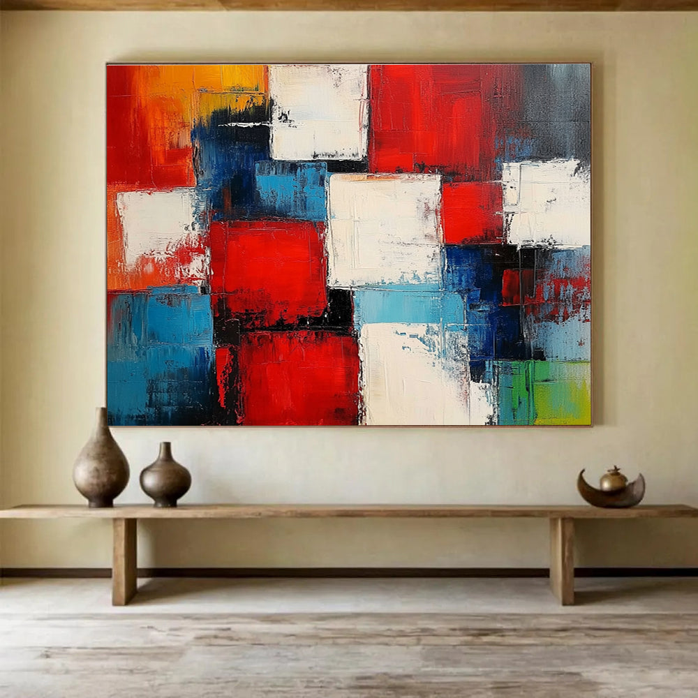 Colorful Square Abstract Painting with Red Blue and White DYP505