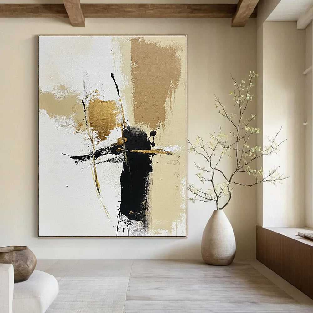 Large abstract painting featuring neutral tones with gold accents on a beige and white background highlighted by brown and black lines and brush strokes.STSC776