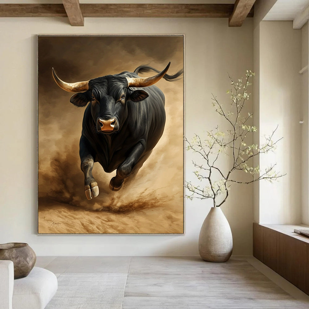 A large abstract painting featuring a black bull in the desert showcasing strong expression and high detail on a dark brown background.STSC914