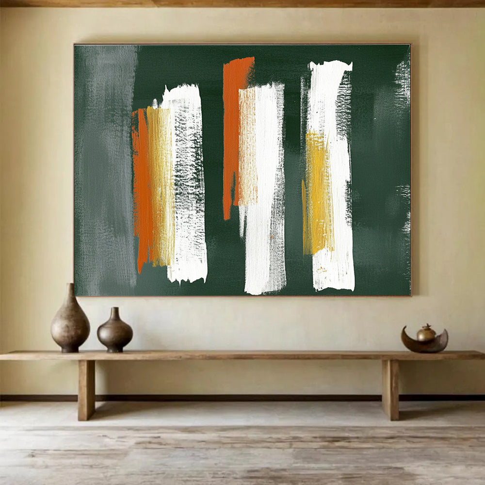 Large abstract painting featuring five vertical brushstrokes in gray white and orange on textured dark green paper in the style of Peter Lefferts.SC494