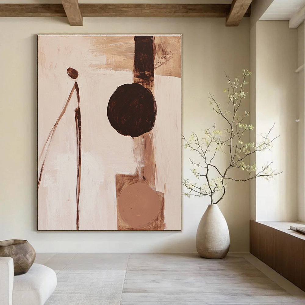 Abstract painting featuring fluid organic forms in brown and white with a minimalistic human figure and beige palette on a neutral background.STSC695