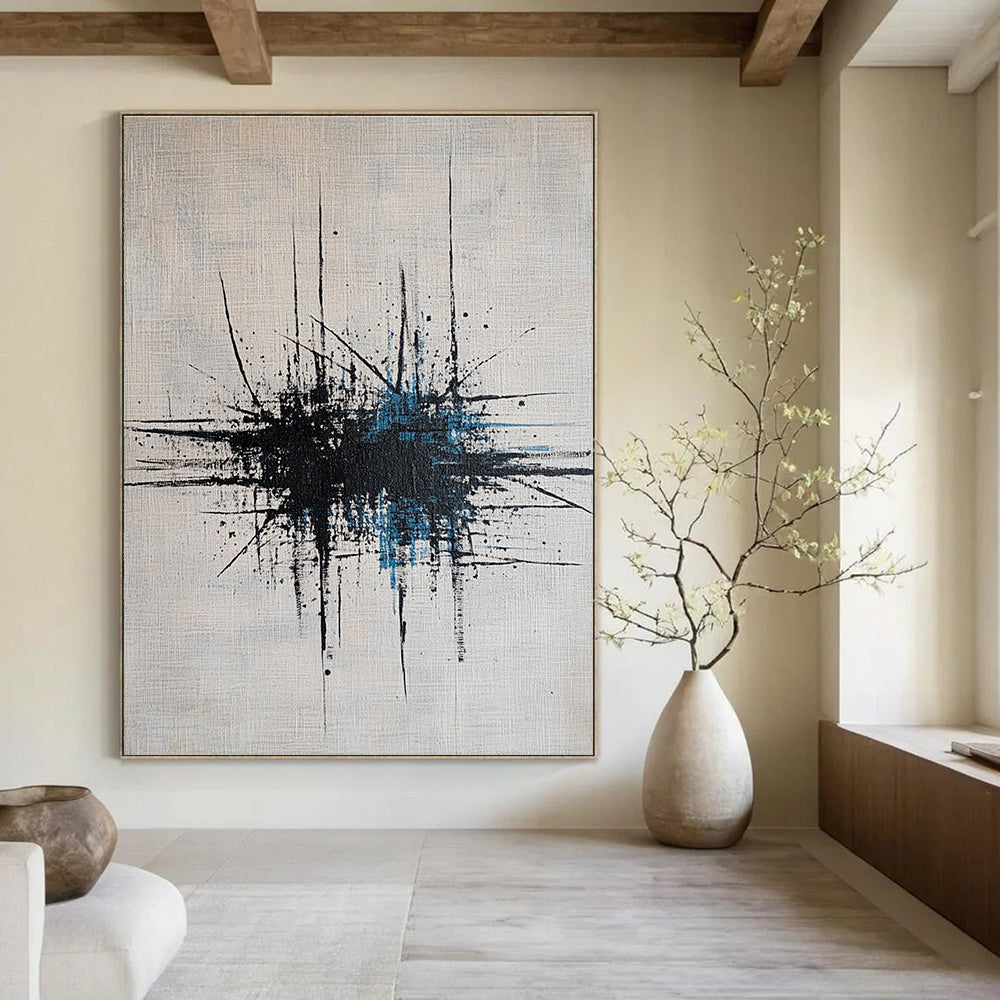 Large abstract painting featuring dynamic lines and dots in grey, blue, and black on a crisp white canvas.STSC189