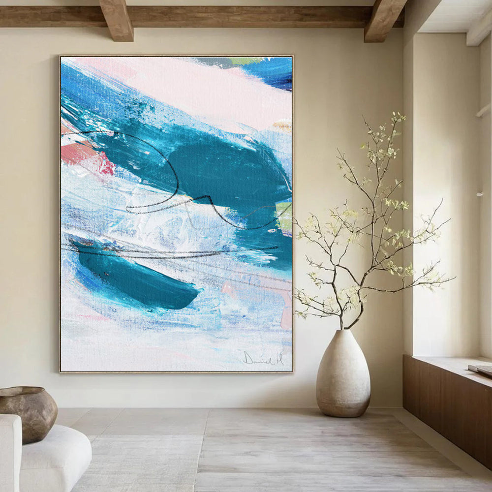 Dynamic Color Swirls in Teal and Pink Abstract Painting ADGE151