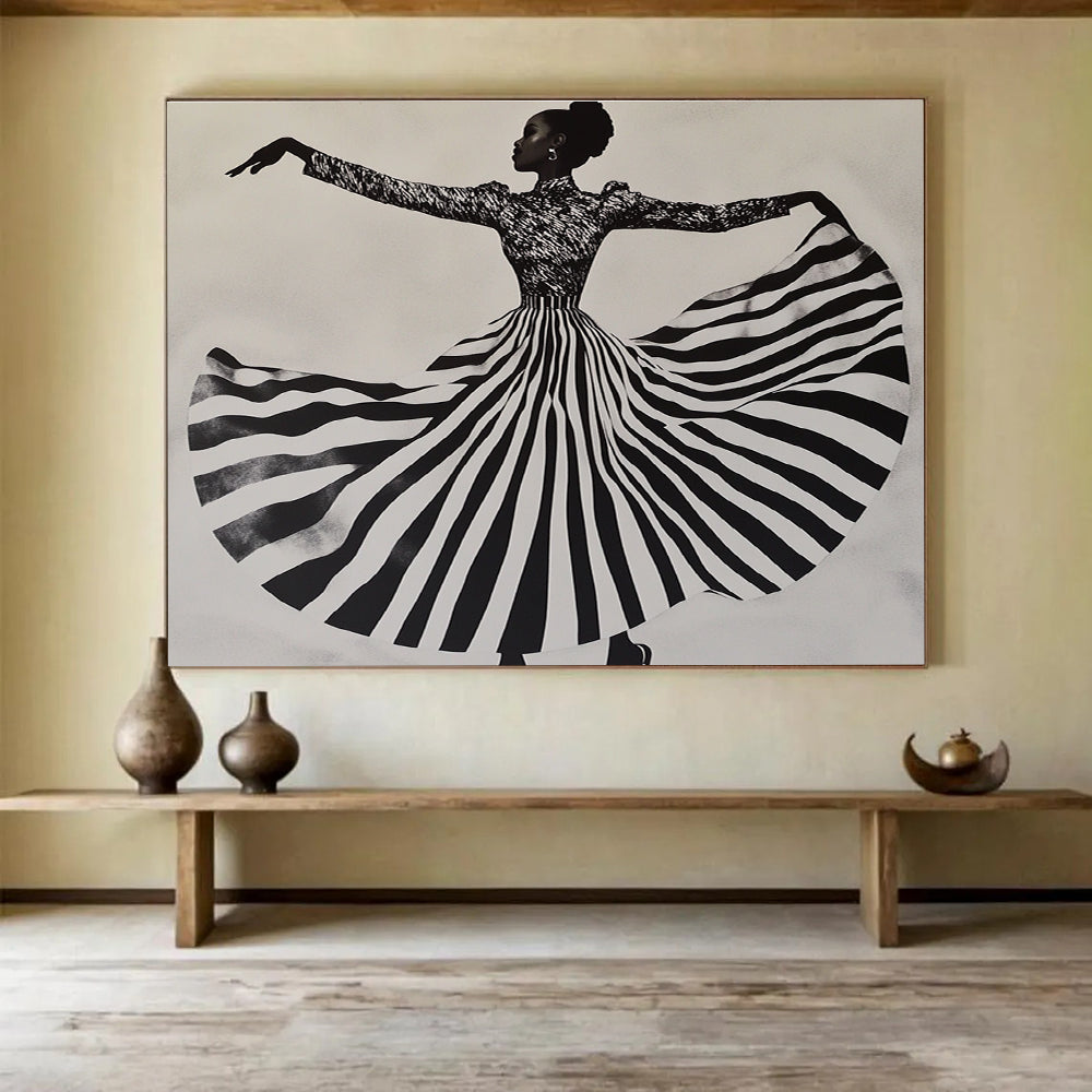 An abstract painting featuring a woman in a striped dress twirling, capturing movement and texture against a light gray background.SC426
