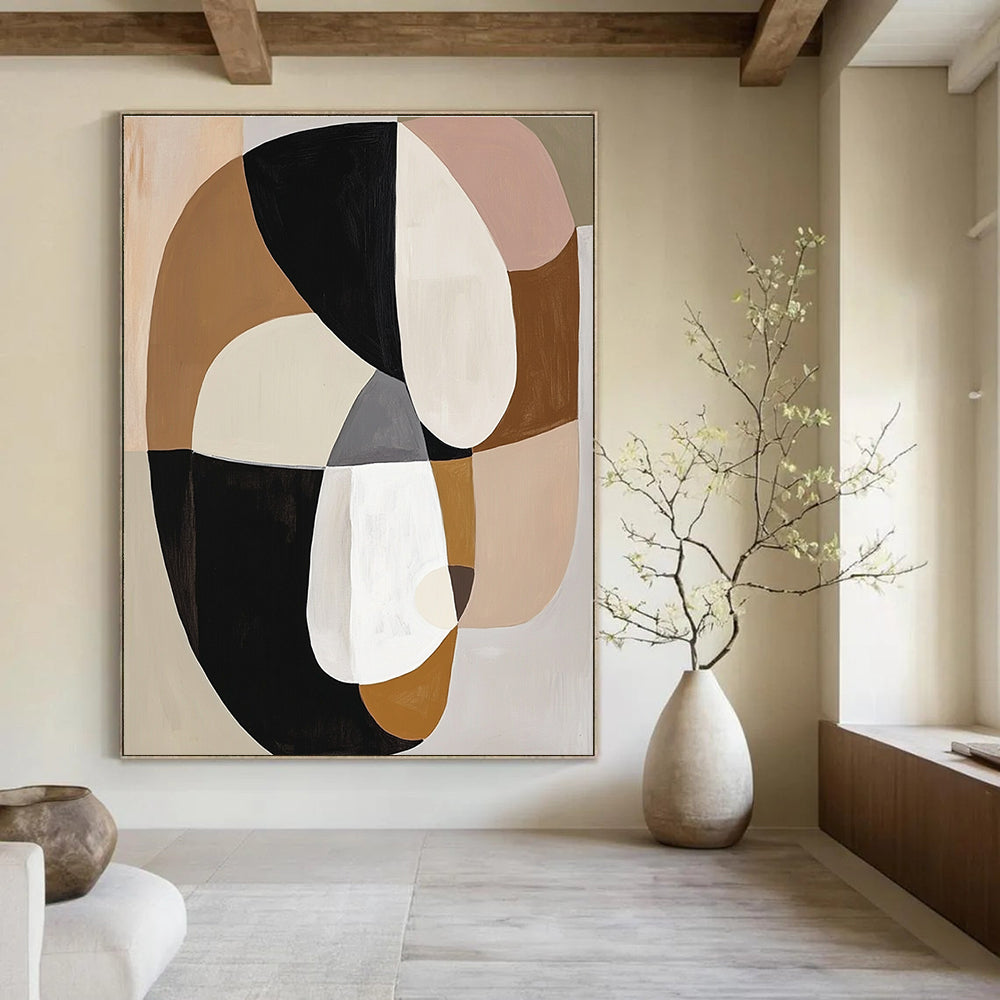 Large abstract painting featuring loose black white and beige shapes in neutral muted tones inspired by Marie Livingstone.STSC740