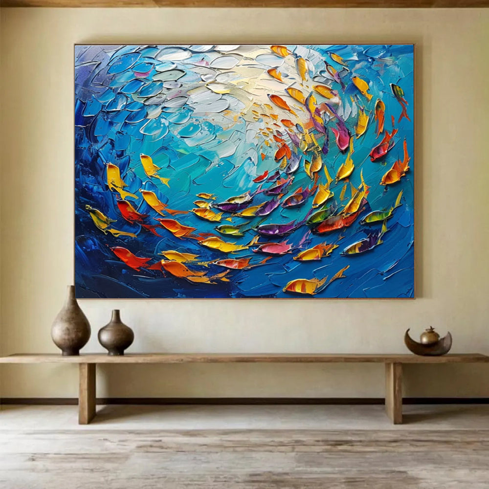 Colorful Fish School Abstract Painting with Blue, Yellow, and Colorful Fish THY199