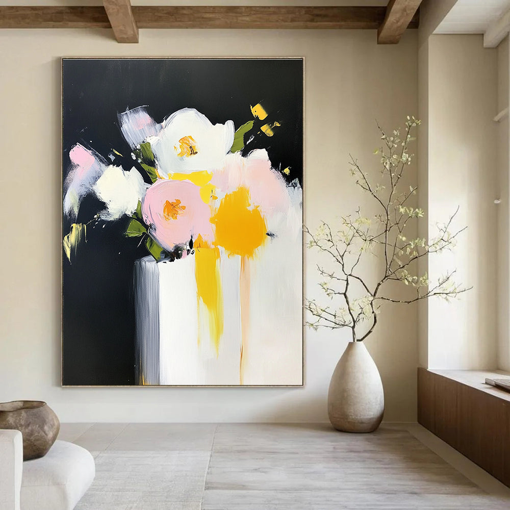 Large abstract oil painting of flowers in a vase with bold strokes in yellow and pink against a white background.STSC183