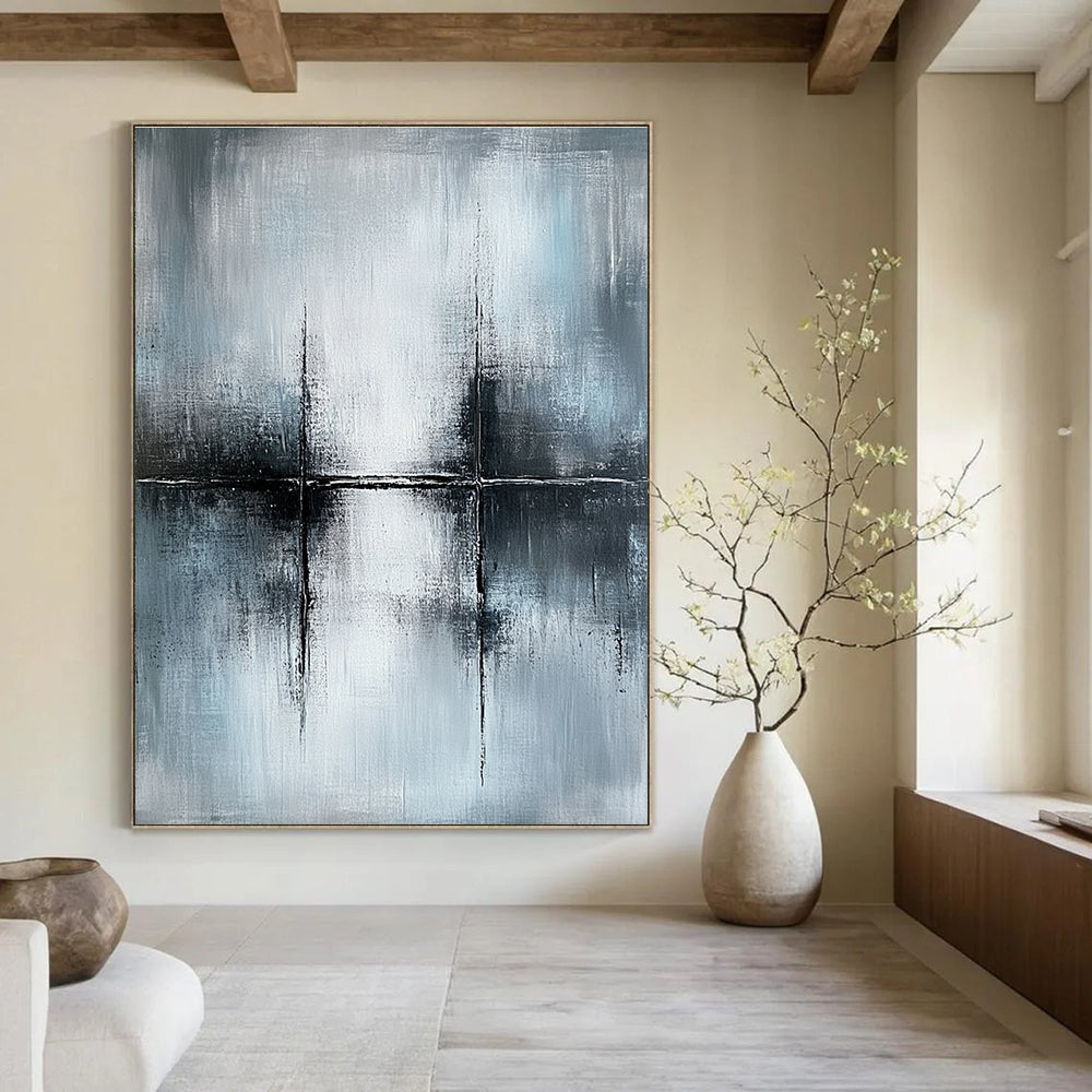 Large abstract painting in gray and white, featuring canvas texture and ultra-realistic oil paint details for a striking visual impact.STSC070