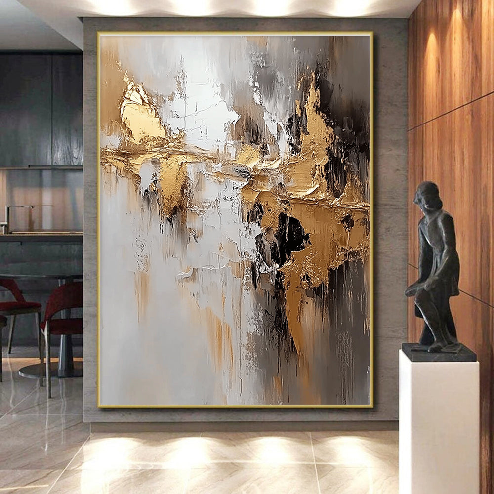 Gold Gray and Black Abstract Painting with Textured Gold GER665