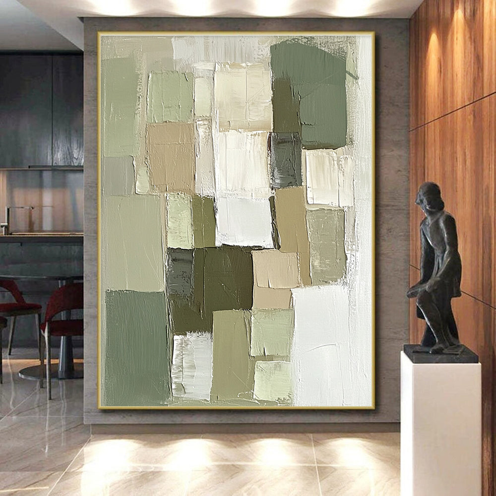 Green Beige Abstract Painting with Geometric Blocks GER811