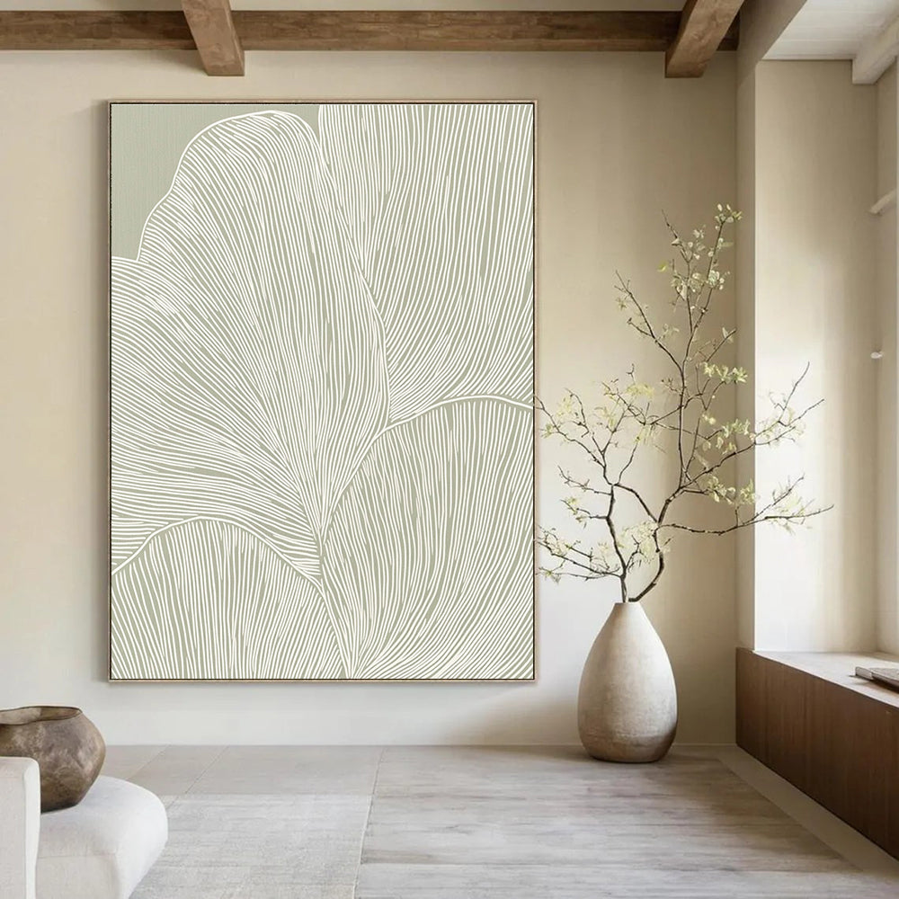 Large abstract art features elegant white line petals on soft gray beige paper creating a tranquil minimalist pattern with seamless curves.STSC1483