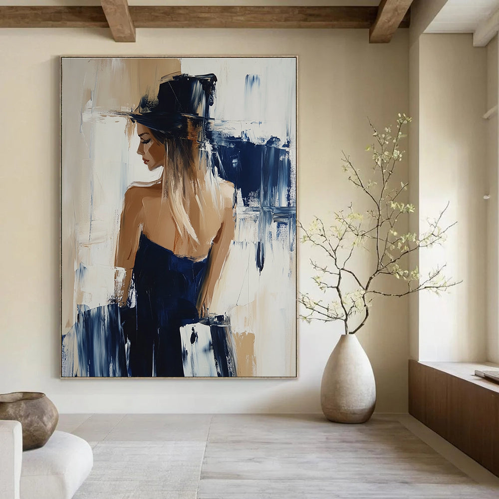 Abstract oil painting featuring a woman in Hunkemöller collection with beige and navy hues showcasing dynamic brushstrokes in Richard Schmid's style.STSC176