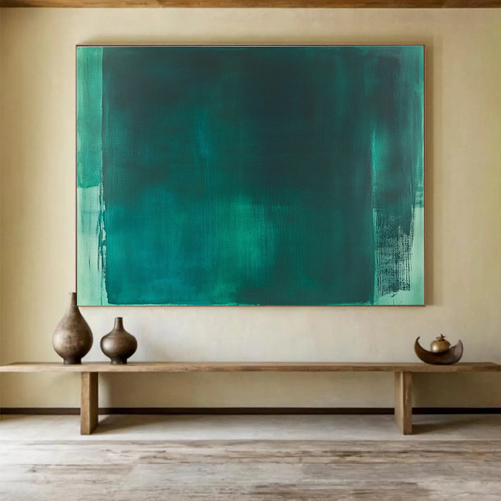 Large abstract painting featuring emerald green and teal, with loose brush strokes and a minimal monochromatic palette in the style of Mark Rothko.SC233