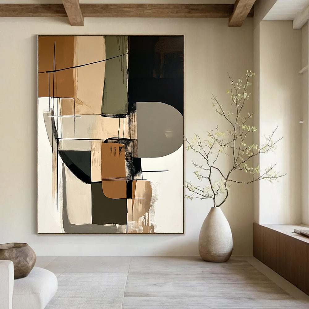 Large abstract painting featuring shapes in beige black and brown that adds sophistication to any space.STSC793