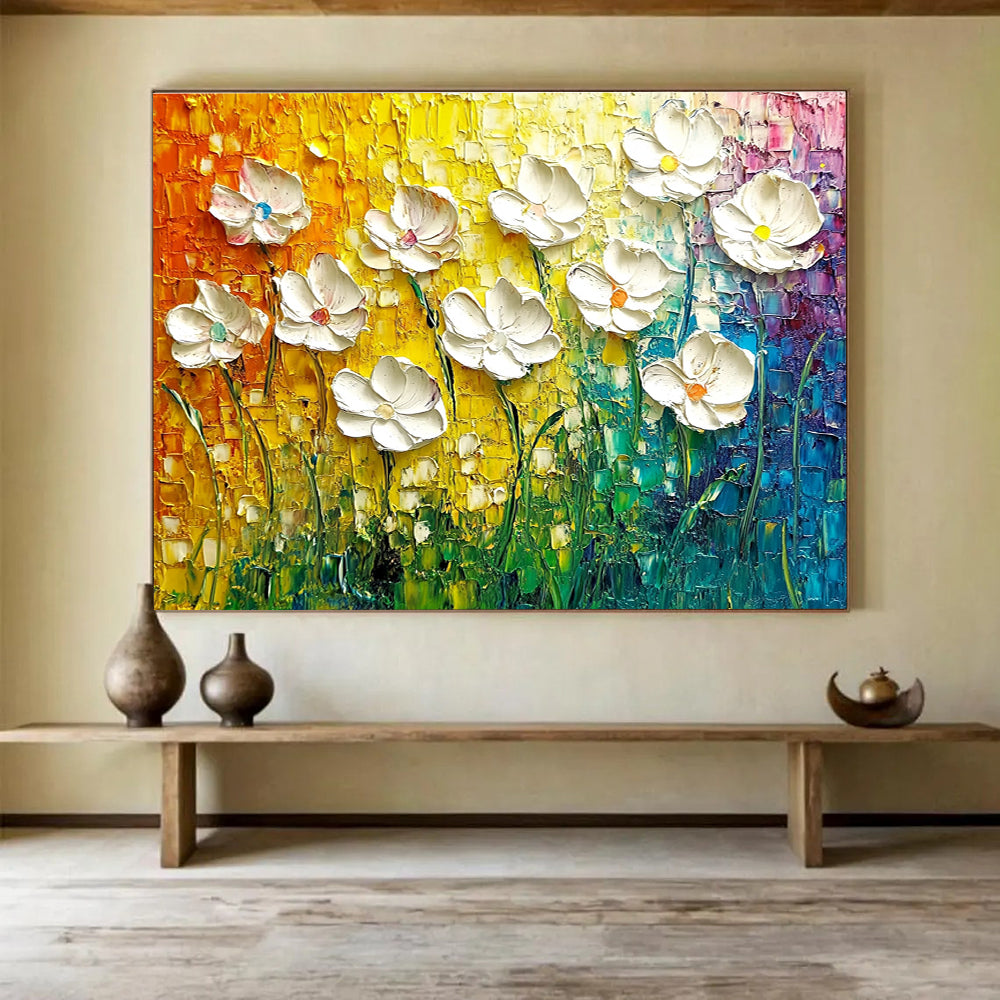 Textured White Flowers Abstract Painting with Colorful Background DYP430