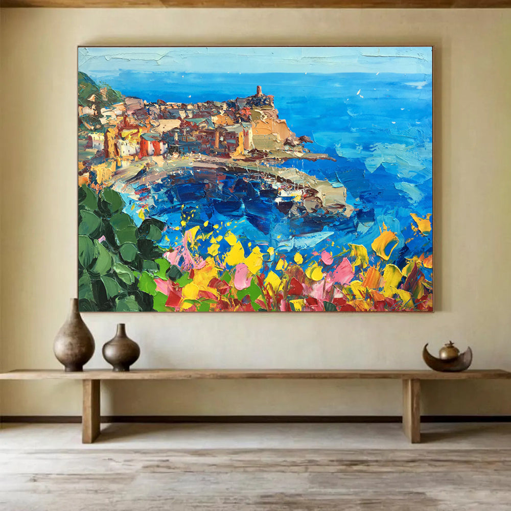 Blue Yellow Coastal Cliff Town Abstract Painting THY477