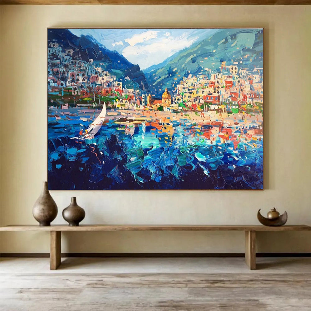 Coastal Town with Sailboat Abstract Painting THY439