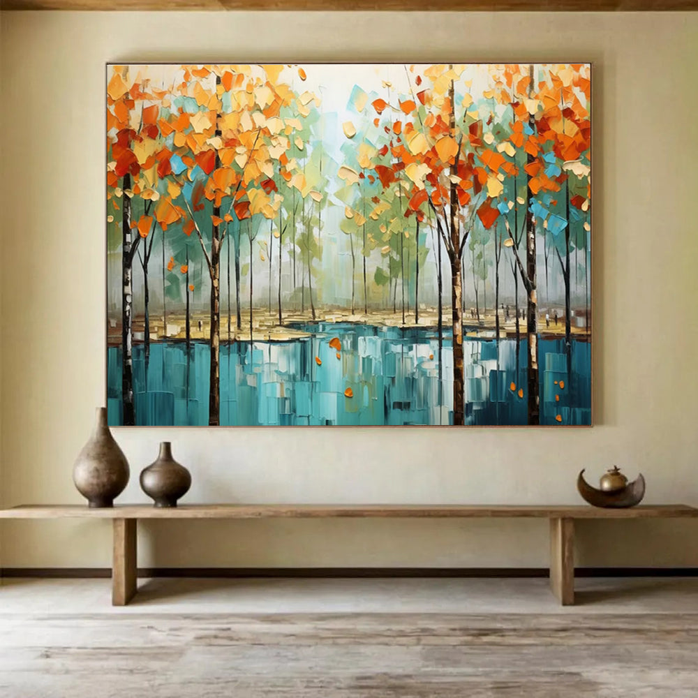 Autumn Forest Abstract Painting with Orange, Yellow, and Green Tones THY163