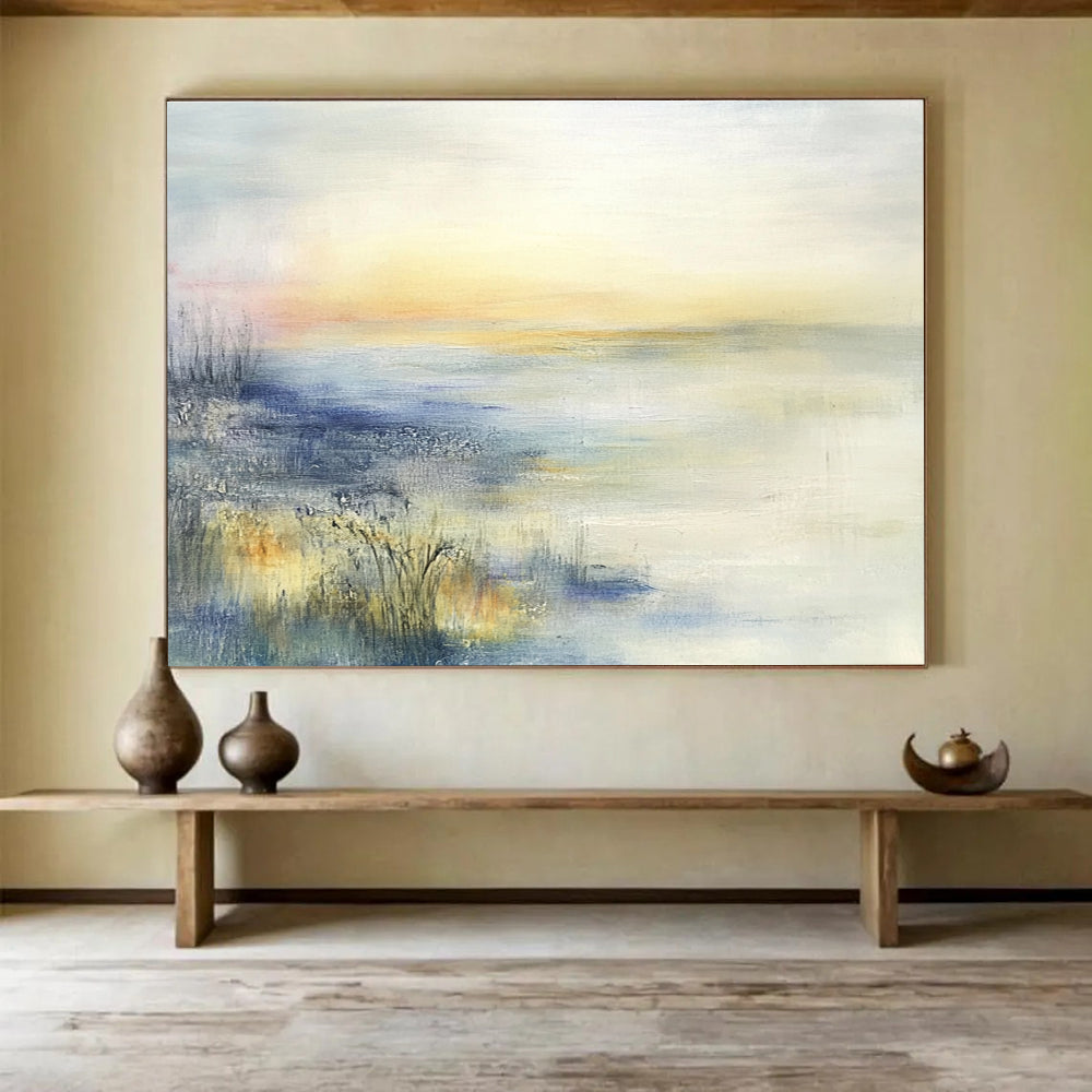Large abstract oil painting featuring a misty coastal landscape in muted pastel colors inspired by Zao Wou-Ki.SC116