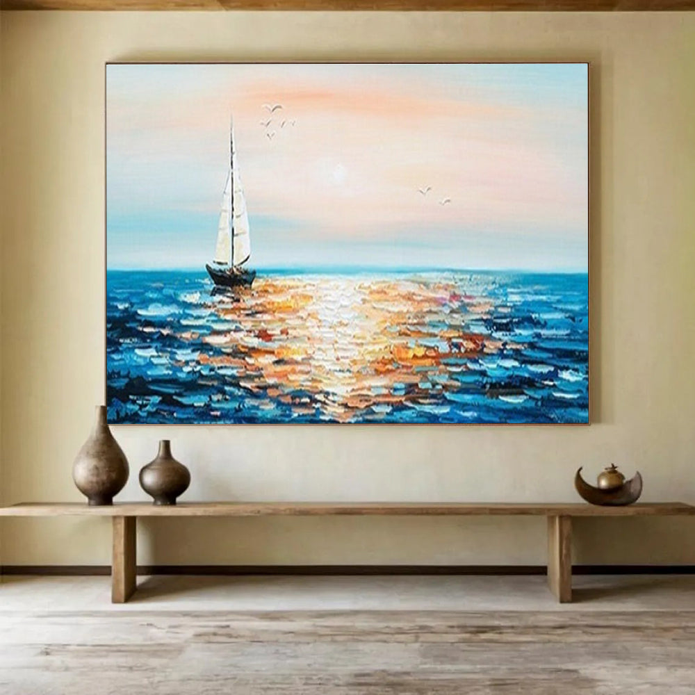 Sailboat Sunset Abstract Painting with Orange, Pink, and Blue Tones THY188