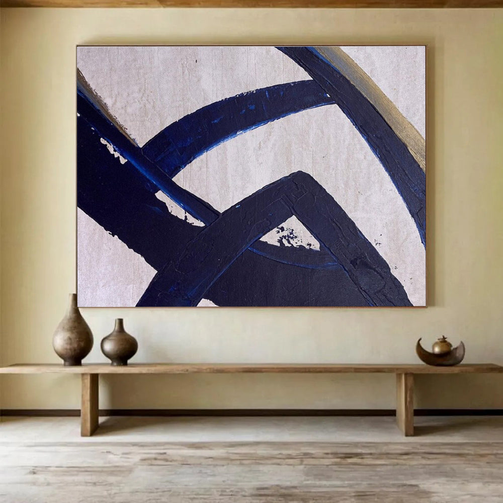 Navy Gold Abstract Painting with Intertwined Shapes THY350