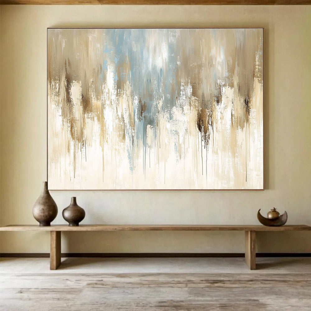 Large abstract painting featuring soft beige and light blue tones with vintage oil texture and elegant paint drips on canvas.SC009
