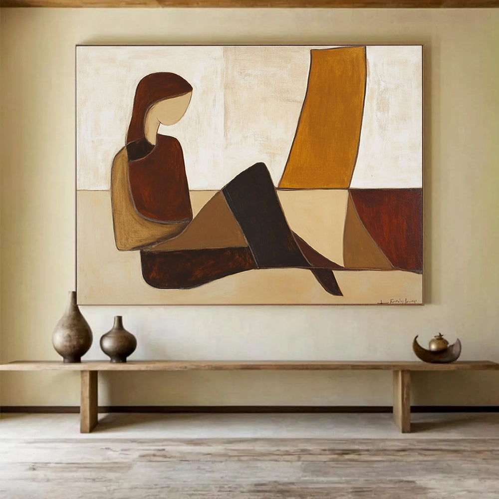 Large abstract painting featuring a woman on the floor in brown and beige hues with simple shapes inspired by Jean Fautrier.SC345