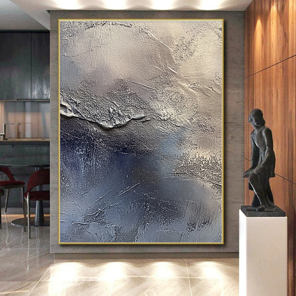 Silver and Blue Textured Abstract Painting with Metallic Tones GER066