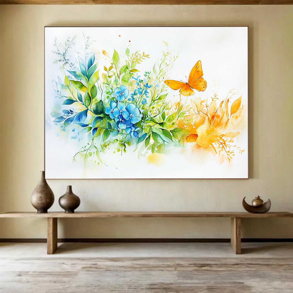 A large abstract painting features green leaves blue flowers and an orange butterfly with golden hands holding the bouquet creating a vibrant harmonious atmosphere.SC567