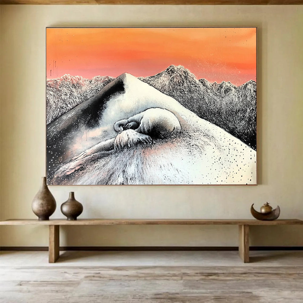An abstract painting featuring a black and white figure on an icy mountain at sunset with another frozen figure in front.SC569