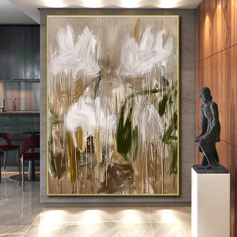 Abstract White Flowers Painting with Earthy Tones GER623