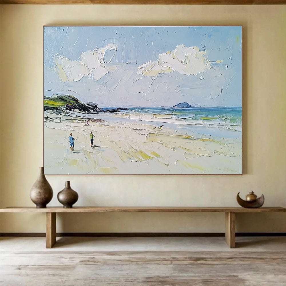 Beach Scene with Figures Textured Abstract Painting with Light Blues DYP596